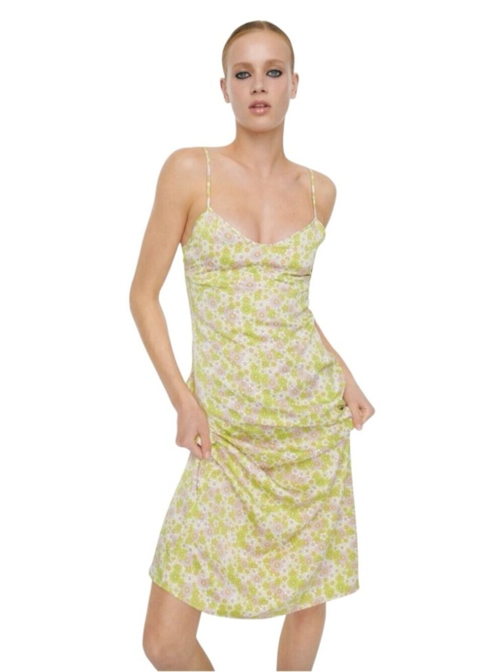 Zara Floral Midi Slip Dress Medium Yellow Purple Cut-Out